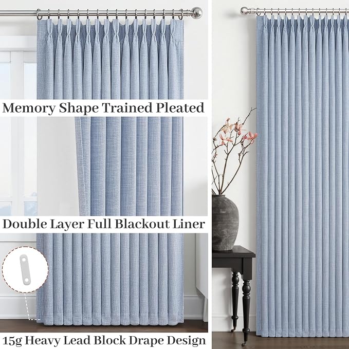 Blackout Baby Blue Viral Curtains for Bedroom 84 Inches Long 2 Panels Set, Memory Trained Pinch Pleated Double Layer Thick Linen Blend Soundproof Thermal Textured Windows Curtain & Drapes 7 FT Length