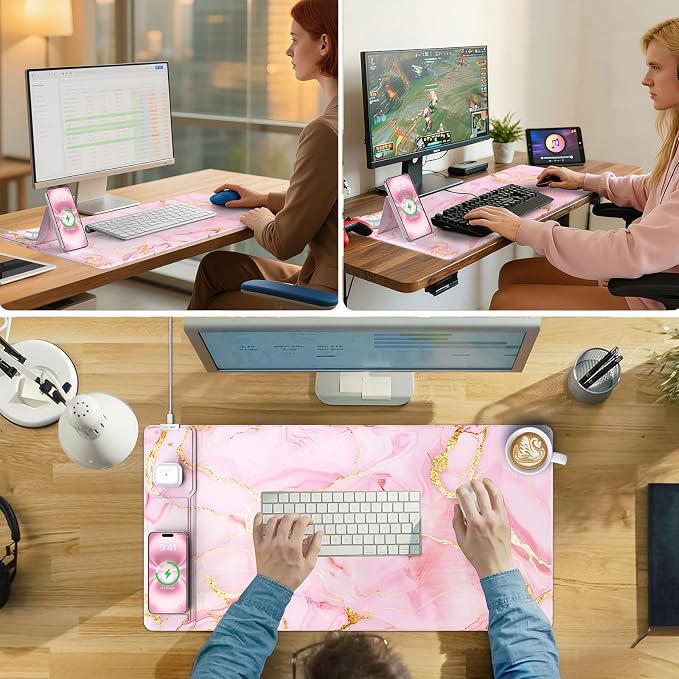Wireless Charging Mouse Pad with Phone Holder, 31.5"x15.8" in, Pink Marble | Large Desk Mat for Laptop/Keyboard, Waterproof Ultra-Smooth Surface, Non-Slip Base