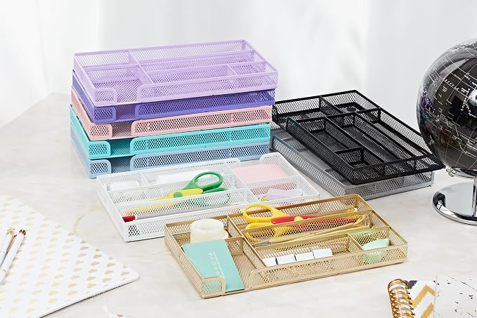 Annova Desk Drawer Organizer Tray for Office Organization - Metal Mesh - Storage Tray with Dividers for Pens, Desktop Accessories, Bathroom, Kitchen, Makeup and Office Supplies (Small, Black)