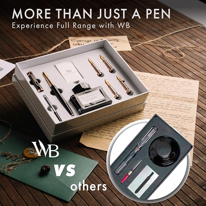 Wordsworth & Black Fountain Pen Gift Set, Includes Ink Bottle, 6 Ink Cartridges, A Refill Converter, 4 Replacement Nibs, Journaling, Calligraphy, Smooth Writing Pens [Black Rose Gold]