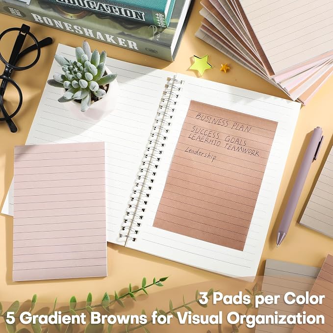 Wiooffen 15 Pads Brown Color Sticky Notes with Lined 4x6in Ruled Self Stick Note Pad Boho Super Sticking Power Memo Pad Vintage Aesthetic School Office Meeting Supplies Accessories 40 Sheets/pad 4x6in
