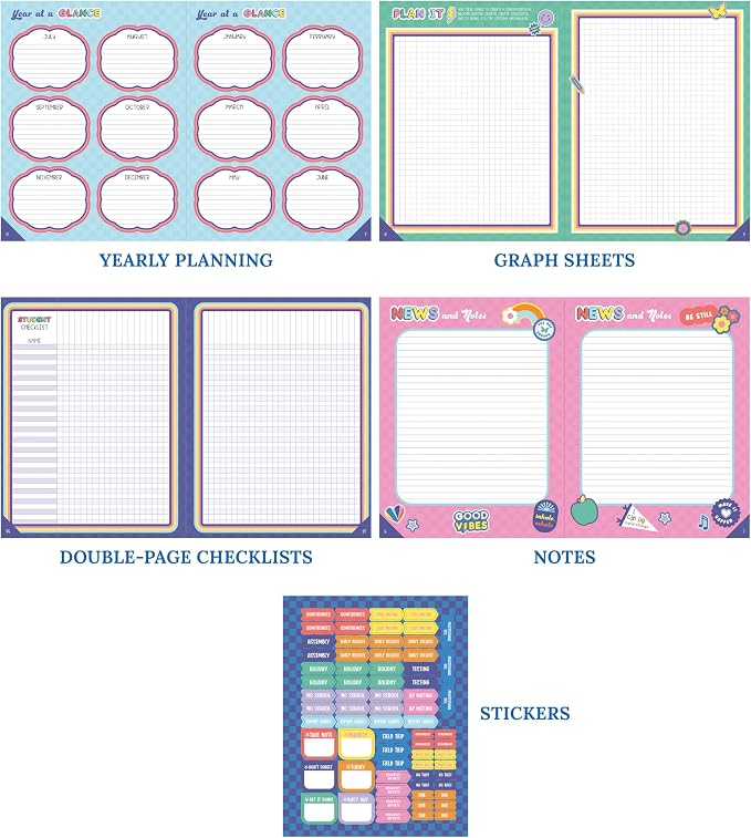 Carson Dellosa We Stick Together Teacher Planner 2026-2027, Undated 8" x 11" Lesson Plan Book with Retro Stickers, Class Schedule, Weekly Calendar, Homeschool and School Supplies, Classroom Must Haves