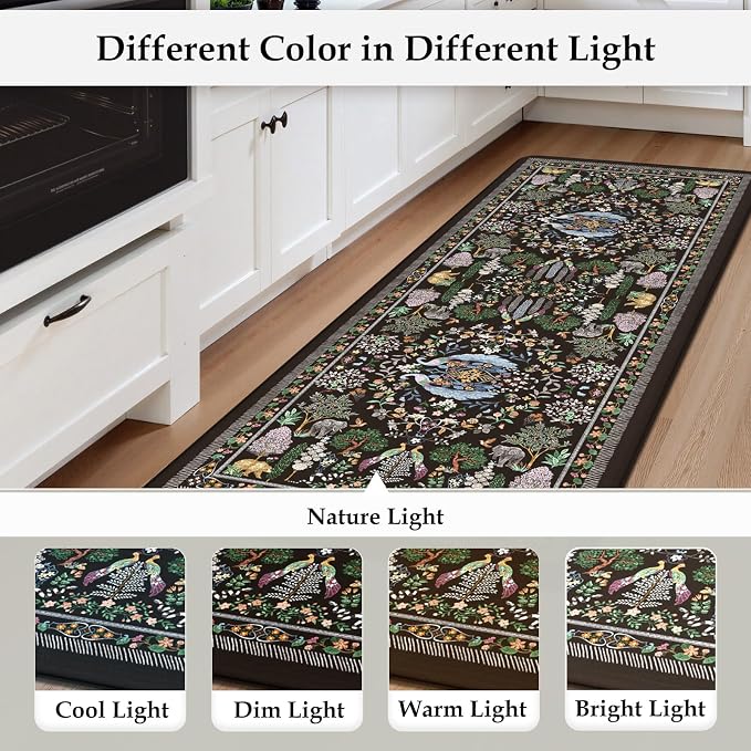 KIMODE Anti Fatigue Kitchen Mats for Floor 2 Piece, Black Vibrant Floral Kitchen Rugs 17"x47"+17"x29", Non Slip Waterproof Kitchen Floor Mats, Standing Mats for Laundry Office Sink Desk