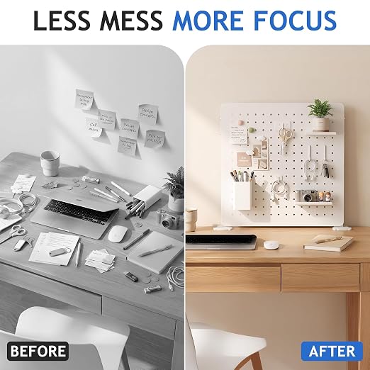White Metal Desk Pegboard Organizer, 15.75 in with Hooks and Shelves | White metal desktop pegboard with support feet, hooks, shelves, storage cup and magnets for office, bedroom and craft storage