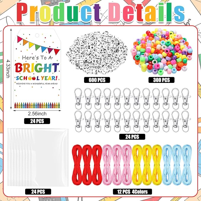 Suncalla 984 Pcs 24 Set Back to School DIY Bead Keychain Making Kit Key Chain Crafts Adjustable Letter Beads Cards Strings Kit Welcome First Day Gift Jewelry Making Supplies Party Favors