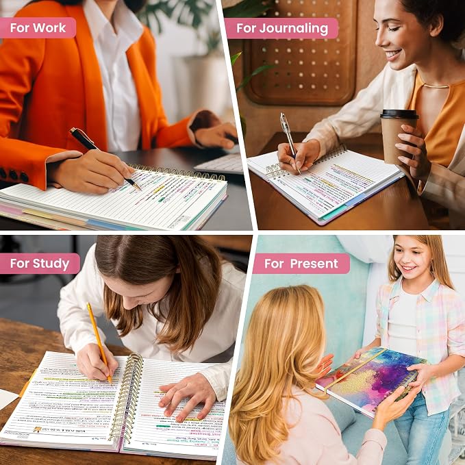Large Spiral Lined Notebooks for Work with Removable Dividers & Tabs, 8.5"x11" Pretty Hardcover 5 Subject Notebook Journal for Women, College Ruled, Perfect for Study & Office Organization, 280 Pages,Color Splash
