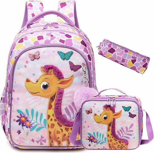 3PCS Backpacks for Girls Large Capacity School Bag with Lunch Box Kids Bookbag Set Travel Bag for Elementary Students Back to School Supplies (12816-3)