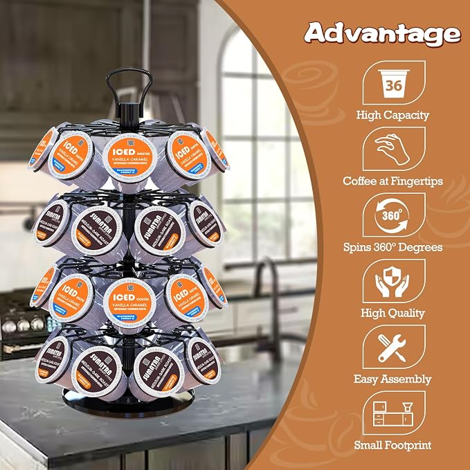 BLACKSMITH FAMILY 36 K Cup Pod Carousel Easy Assembly Design K Cup Holders,K Cup Holder, K Cups Holder,K Cup Carousel, 4-Tier Coffee Pods Holder Storage Organizer Stand,Glossy Black