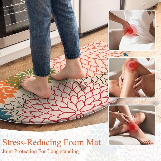 KIMODE Half Circle Kitchen Mats for Floor Cushioned Anti Fatigue Semi Round | Half Round,28"x18",Dahlia Boho,Kitchen Rug Non Slip ,Waterproof Padded Sink Floor Mat Carpet Decor for Laundry Bathroom