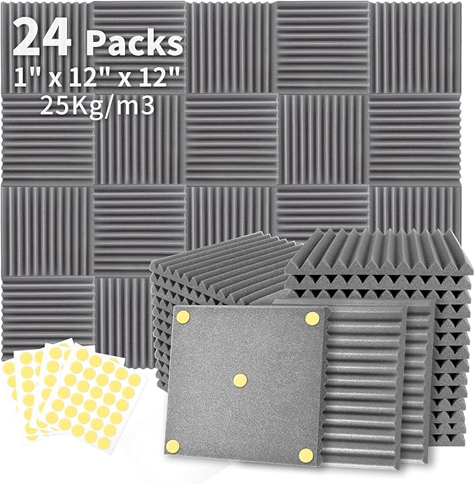 Focusound 24 Pack Grey Acoustic Foam Panels 1" x 12" x 12" Sound Proof Foam Panles Soundproofing Noise Cancelling Wedge Panels for Home Office Recoding Studio with 240PCS Double-Side Adhesive
