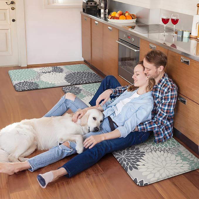 KIMODE Anti Fatigue Mats for Kitchen Floor Comfort Cushioned Rugs Sets of 2 | 20"x32"+20"x47",Teal,Floral Farmhouse, Waterproof,Ergonomic Standing Mat 2PCS,,Non Slip,Kitchen Sink Rug,Laundry Office