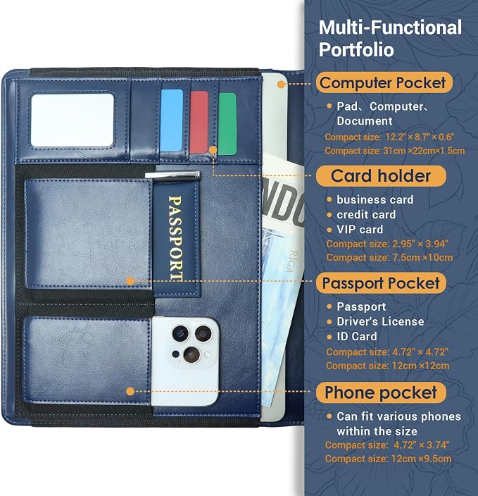 Professional Trifold Padfolio with Magnetic Closure – A4 Letter Portfolio Organizer for Business Meetings, Interviews & Presentations, Document Folder with Notepad Holder Blue