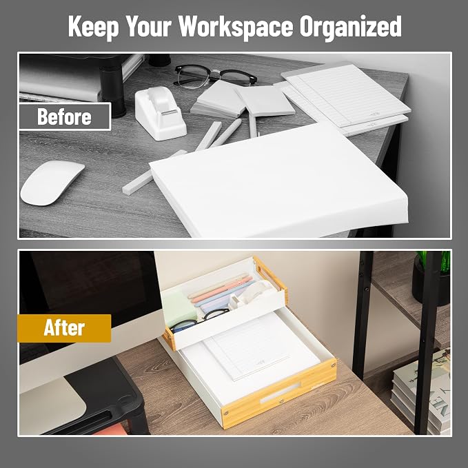 Mind Reader Metal and Wood Tiered Desktop Organizer Trays with Cutout Handles, Stackable Office Storage, Office, Entryway, Coffee Station and Home Organization, Metal and Wood, Set of 2, White