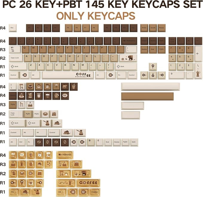 PC+ PBT Keycaps 60 75 100 Percent Cherry Profile, 171 Key Custom Key Cap Dye Sub Keycaps Set Minimalist Style, Universal Compatiability for Cherry Gateron MX Switches Keyboard Coffee Theme