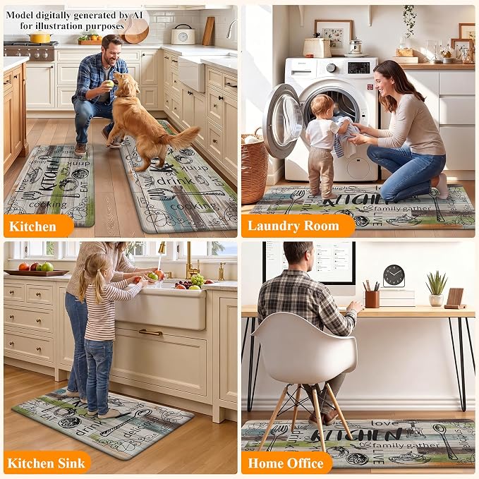 HEBE Anti Fatigue Kitchen Rugs Set of 2, Non Slip Cushioned Kitchen Mats for Floor, Waterproof Farmhouse Comfort Standing Desk Mat for Kitchen Sink,Office,Laundry