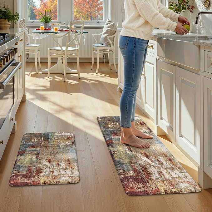 LEEVAN Anti Fatigue Kitchen Mats for Floor, Cushioned Kitchen Mat Set 2PCS | 20"x31"+20"x47", Modern Abstract Red Kitchen Rugs Non-Slip, Waterproof Ergonomic Standing Mats for Laundry, Office, Bar, Sink