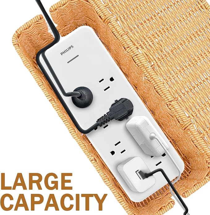 2PCS Cable Management Box, Handmade Rattan Cable Organizer Cord Basket | Open Slots Cords Hider Box Under Desk Cord Organizer for Computer Router USB Hub & Power Strip