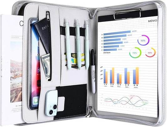 ProCase Portfolio Business Padfolio Folder with Zipper, Conference Meeting Executive File Legal Document Organizer with Pockets Letter Size A4 Writing Pad Notepad Padfolio -Grey
