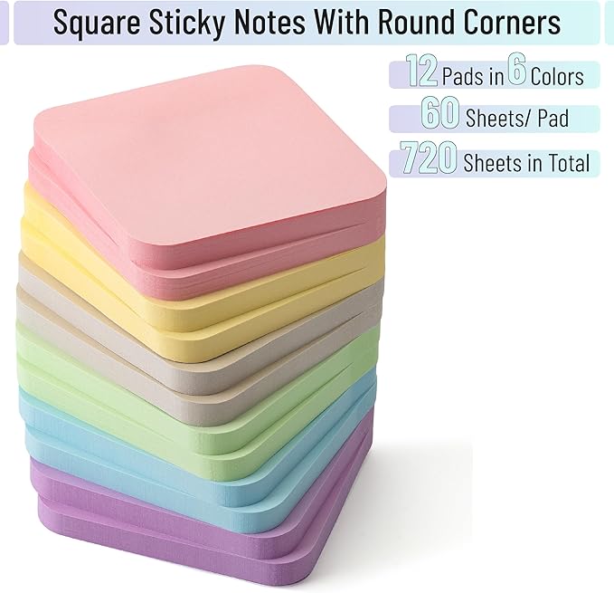 Mr. Pen- Sticky Note Set, 12 Pads, 720 Sheets, 2.8" x 2.8", 6 Pastel Color, Round Corner Colored Sticky Notes, Colorful Sticky Note, Sticky Note Pad, Stocky Notes for Bible Journaling