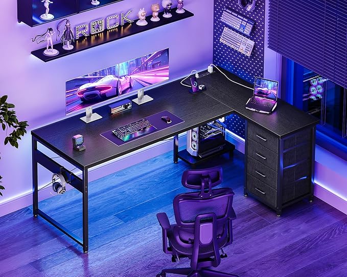 AODK 61" L Shaped Gaming Desk with 4 Drawers and Power Outlets, Black | USB Ports, PC Tower Stand, Hooks, Reversible Corner Layout for Gaming Rooms, Bedrooms and Home Office
