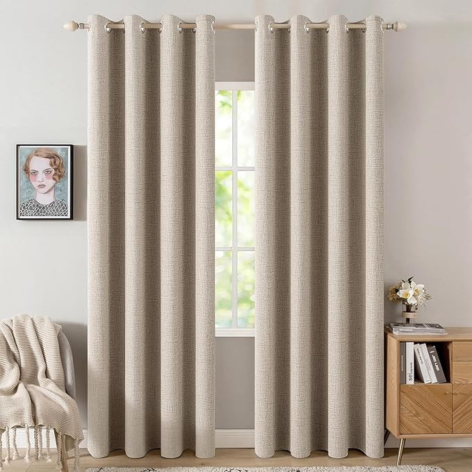 MIULEE 90 Inches Linen Textured Curtains for Bedroom 100% Blackout Thermal Insulated Taupe Grommet Room Darkening Curtains & Drapes Luxury Decor for Living Room 52 x 90 Inch (2 Panels)