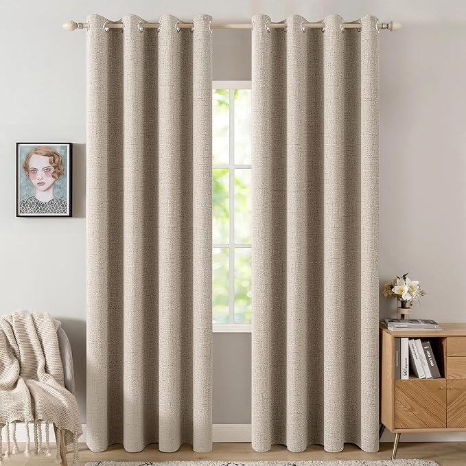 MIULEE Linen Textured Curtains Solid 100% Blackout for Bedroom Thermal Insulated Taupe Grommet Room Darkening Curtains & Drapes Luxury Decor for Living Room 52 x 72 Inch (2 Panels)