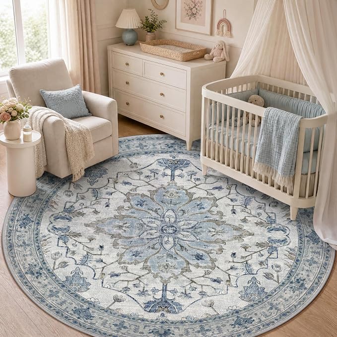 RELEANY Area Rugs Round 5ft Washable Non-Slip, Floral Vintage Distress Medallion Carpet for Living Room Bedroom Dining Room, Light Blue Navy Gray White