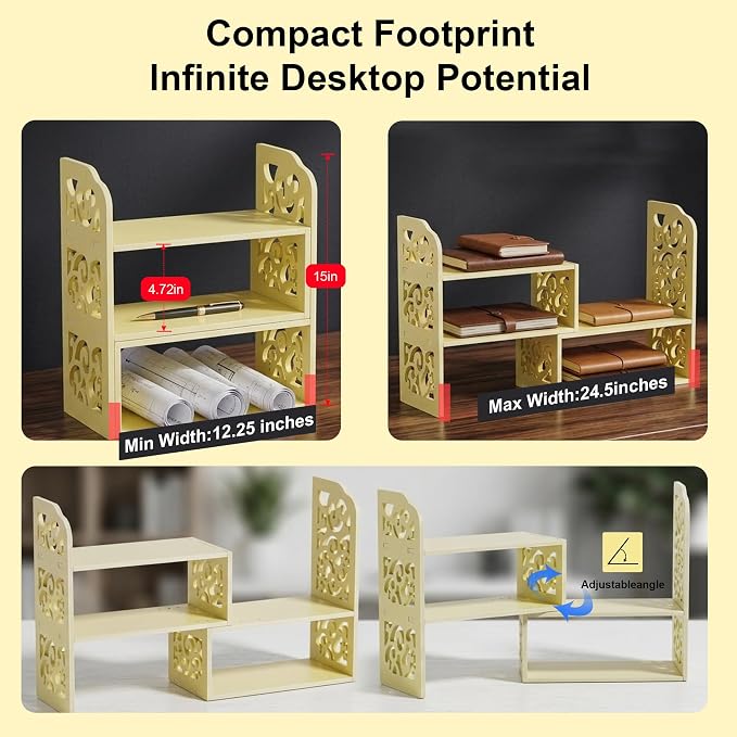 YGYQZ Adjustable Desktop Shelf Organizer, 3-Tier Expandable Desk Shelf, Beige Pattern