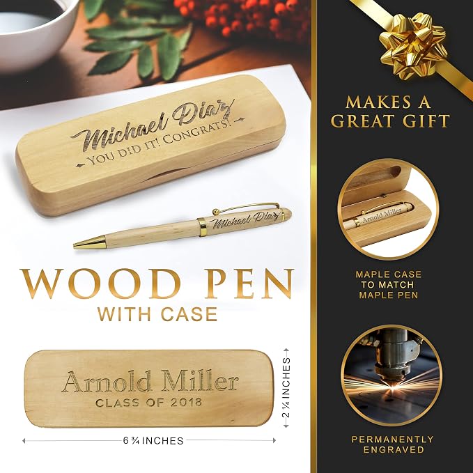 My Personal Memories Custom Engraved Ballpoint Pen with Personalized Case - Wood Pen Set for Lawyers, Doctors, Teachers, Graduates, Students (Maple)