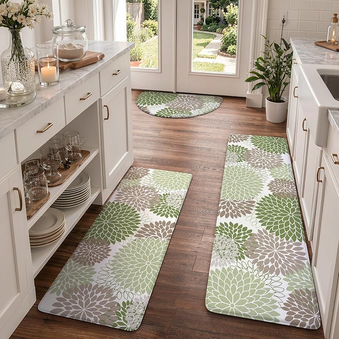 KIMODE Half Circle Anti Fatigue Mats for Kitchen Floor Rug Sets of 3 | 18"x28+18"x47"+18"x59",Sage Green,Dahlia Floral Boho,3PCS,Non Slip,Waterproof,for Sink Office Laundry Bathroom Decor