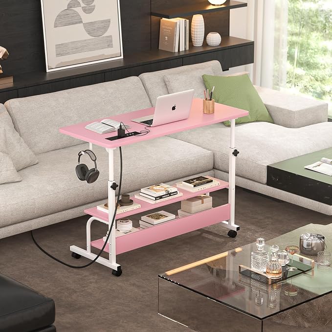 Armocity Rolling Standing Desk with Charging Station, Portable Height Adjustable Mobile Computer Desk with Wheels & 2-Tier Shelves & Hooks, Easy Assembly Laptop Table for Couch Bed, 32" Pink