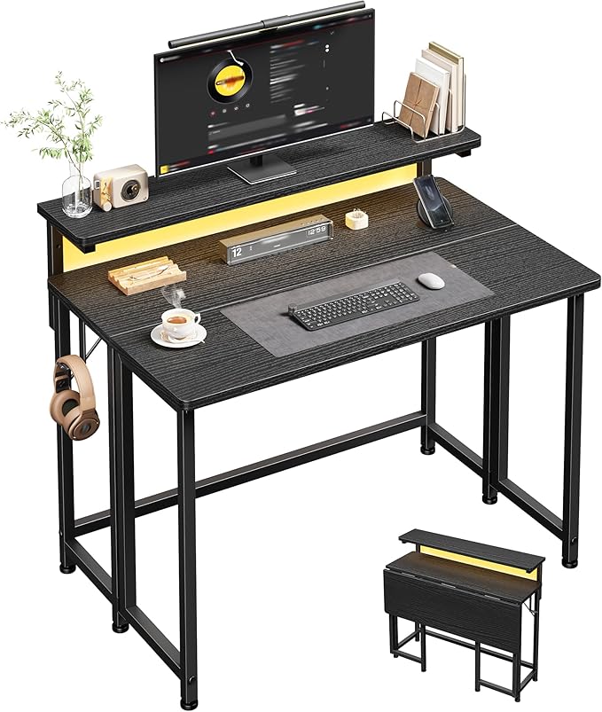Folding Desk for Small Space,Foldable Computer Desk with Monitor Stand,31.5 Inch Small Desk with LED Lights for Bedroom Home Office,Writing Work Office Computer Desk with Hooks,Black