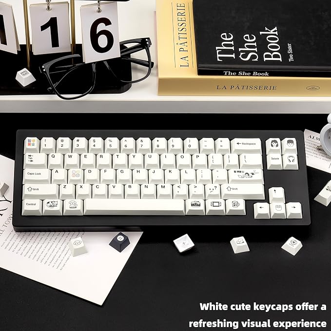 PBT Keycaps 130 Keys, White Cute Keycaps, Cherry Profile Dye-Sublimation Custom Keycap Set for 60% 65% 75% 80% 100% Mechanical Keyboard