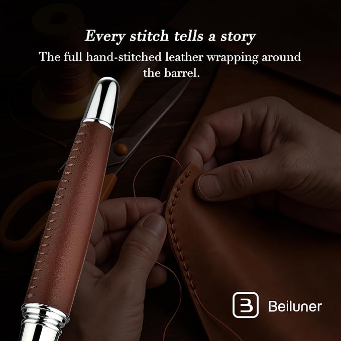 BEILUNER 318 Luxury Personalized Leather Pen, Hand-Stitched Premium Leather, Chrome-Plated Finish, Smooth Black Refill, Fancy Rollerball Gift Set for Men & Women, Executive Writing, Nice Designer pen