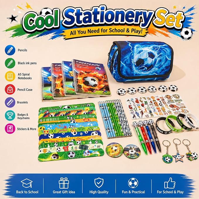 DIGOBAY 61PCS Soccer School Supplies Set for kid Boys, Teen Back to School stationery Supplies with Pencil Case Drawstring Bag Spiral Notebooks Pens Pencils Tattoos Wristbands Gift Box