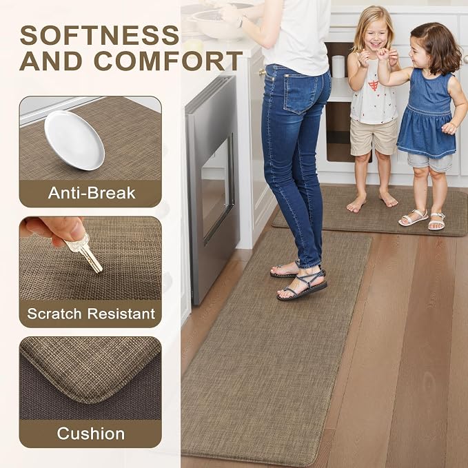 Collive Kitchen Mat 2PCS Cushioned, Anti Fatigue Kitchen Mats for Floor Waterproof Kitchens Rug, Non Skid Comfort Standing Carpet for Home Office, Sink, Desk, 17"×29"+17"×47",Tan