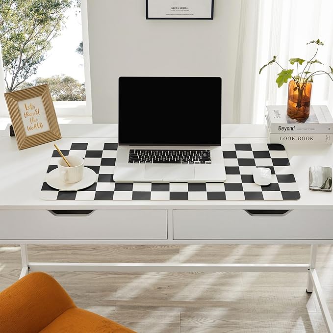 Checkered Desk Mat, 31.5" x 15.7" Large Cute Black White Aesthetic Retro Accessoires, PU Leather Computer Laptop Desk Mat Mouse Keyboard Pad, Desk Writing Makeup Mat for Vanity/Work/Home Decor
