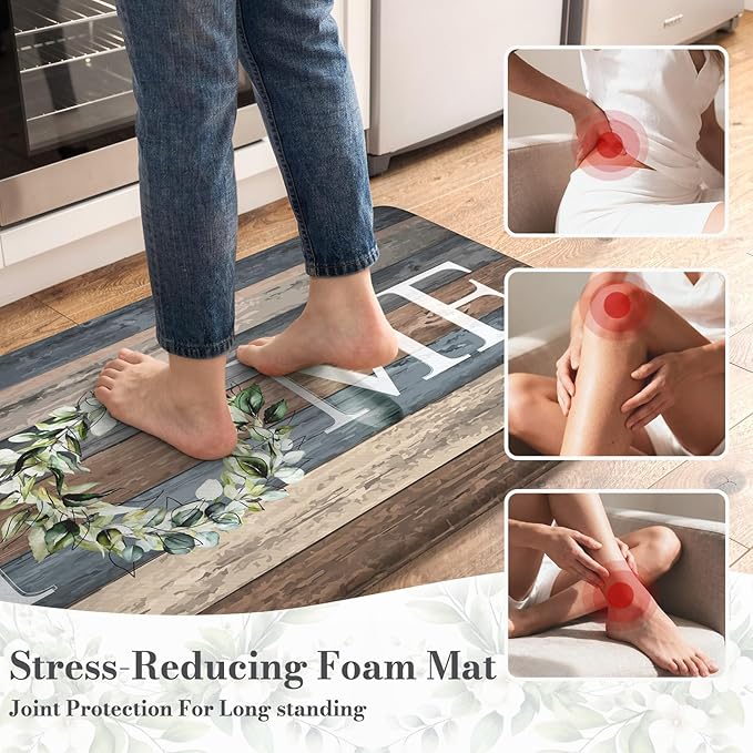 KIMODE Farmhouse Kitchen Floor Mats Cushioned Anti Fatigue,Memory Foam Rugs Non Slip Sets of 2,Long Waterproof Carpet for Sink Laundry Office Bathroom,Blue 17"x59"+17"x29"