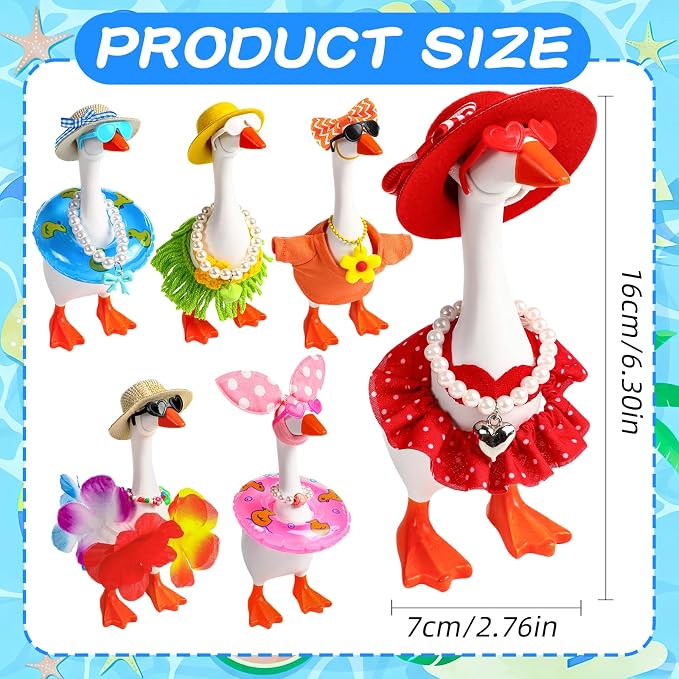 Desk Goose Key Holder 7 Inch Mini Figurine with 6 Set Summer Hawaiian Outfits,Summer Holiday Desktop Magnetic Small Proch Goose Resin Statue Set for Home Office Bedroom Office Table Decor