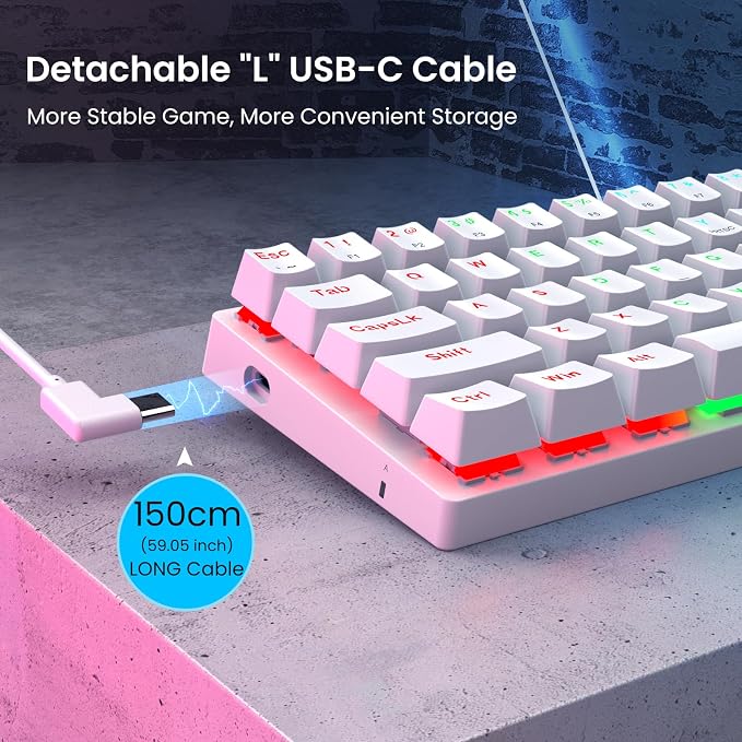 Portable 60% Mechanical Gaming Keyboard, Wired Ergonomic Keyboard with Red Switches,18 LED BacklitKeyboard,61 Keys Ultra-Compact Mini OfficeKeyboard for PC/Mac/Xbox,Easy to Carry On Trip-White