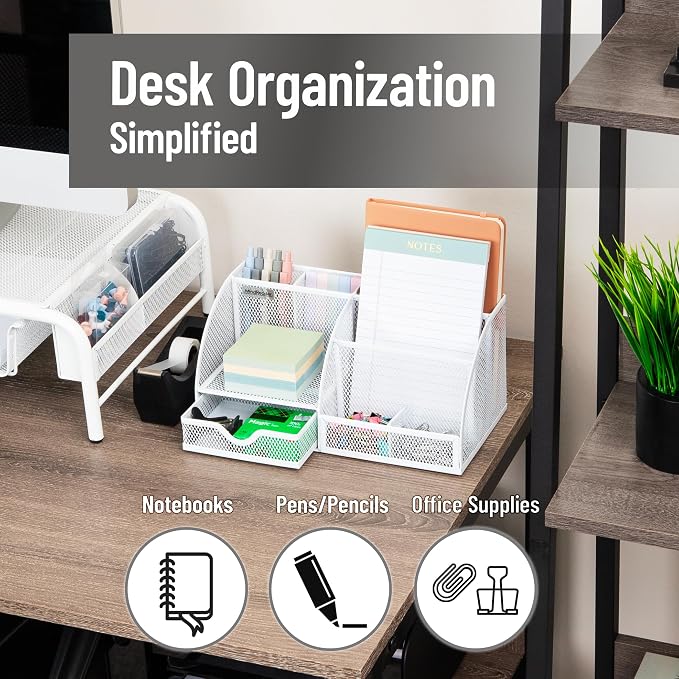 Mind Reader 7-Compartment Desktop Organizer, Metal Mesh, White | Desk Organizer for Pens, Sticky Notes, Mail, Office Supplies