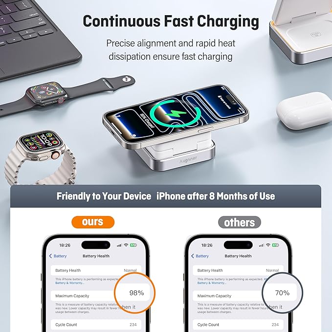 【2026 Upgraded】Wireless Charger 3 in 1, Foldable Wireless Charging Station with Light for Apple Magnetic Charger, Travel Magnetic Charger for iPhone 17/16/15/14/13/12 Apple Watch AirPods (20W Adapter)