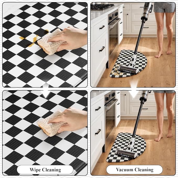 KIMODE Anti Fatigue Kitchen Mats for Floor,18"x 28" Farmhouse Kitchen Decor | Paded Kitchen Floor Mat, Memory Foam Standing Desk Mat, Half Round Bathroom Rug for Sink, Black Plaid Laundry Room Rug Dorm