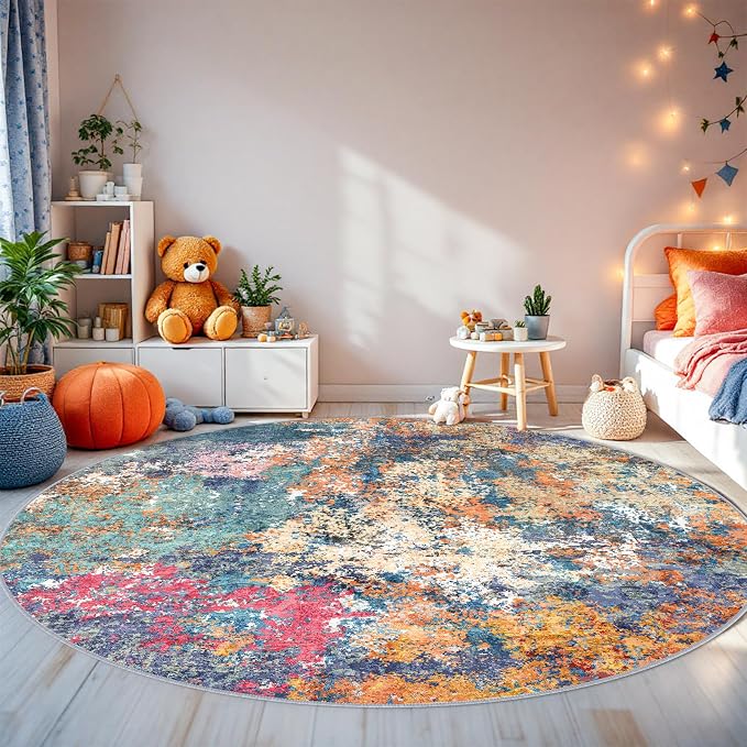 RUUGME Abstract 6ft Round Rug - Large Washable Rugs for Living Room Abstract Colorful Rug Indoor Non Slip Low Pile Carpet Bedroom Soft Foldable Stain Resistant Distressed Thin Mat 6ft Colorful/Multi