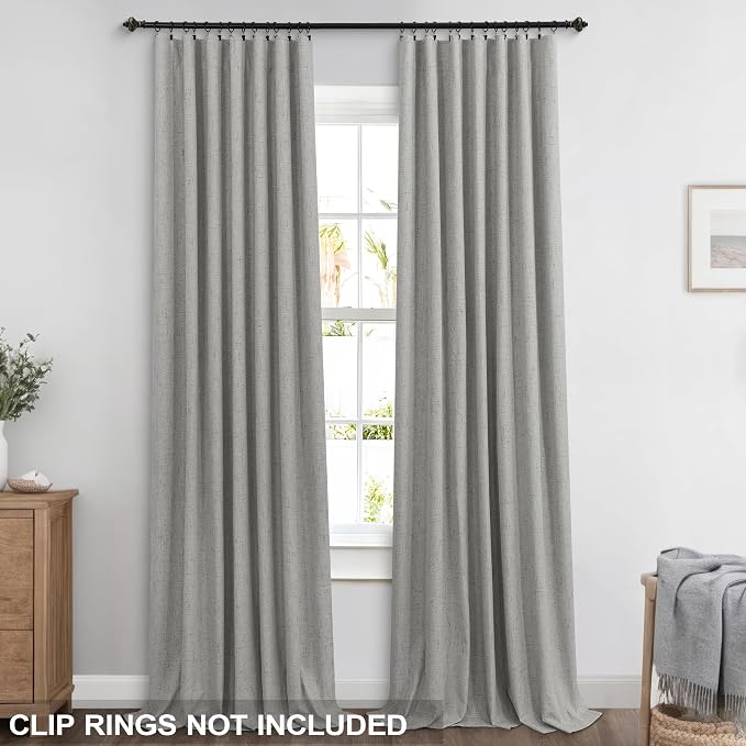 KOUFALL Linen Grey Curtains Blackout for Bedroom Living Room,Back Tab Black Out Light Gray Window Drapes 96 Inch Long 2 Panels Set