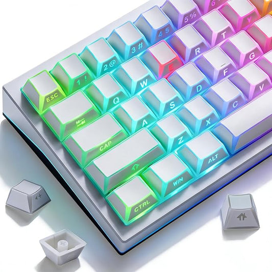 Hyekit White PBT Shine Through Keycaps, Cherry Profile Side Print RGB Backlit Keycaps for Mechanical Keyboards, 136 Keys Full Set with Shine Through Edges, Gaming Office Typing Custom Keycaps