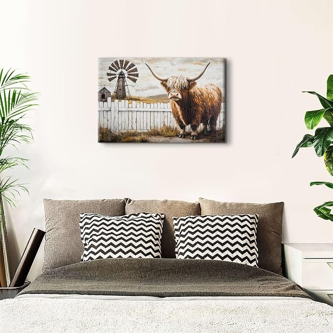 Country Farm Autumn Landscape Canvas Wall Art Vintage Longhorn Cow Pictures Farmhouse Kitchen Wall Decor Abstract Wild Animal Artwork for Walls Brown Cattle Posters Men's Bedroom Decorations 24x36"