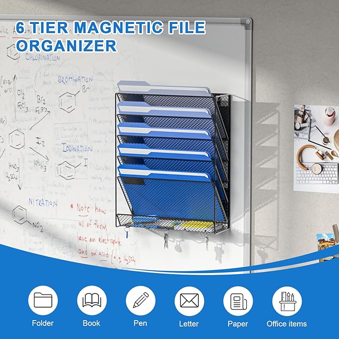 OUTWOLF Magnetic File Holder, 6-Tier Magnetic Wall Hanging File Organizer, Paper Folder Mail Organizer for Office, File Cabinets, Whiteboard, Fridge