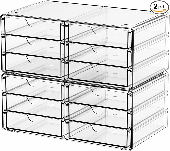2 Pack Acrylic Storage Drawers With 12 Small Drawer,Stackable Office Cabinet Organizer and Makeup Organizer,Clear Plastic Drawers for Craft Supply,Pen,Stationary,Accessory,Makeup,Desk Organizer