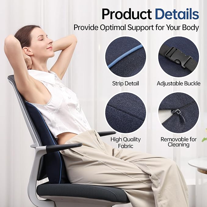 Plush Comfortable Memory Foam Lumbar Support Pillow - Soft Back Cushion for Office Chair, Car Seat, Gaming Chair - Ergonomic Lower Back Pain Relief with Adjustable Straps & Washable Cover-Navy Blue